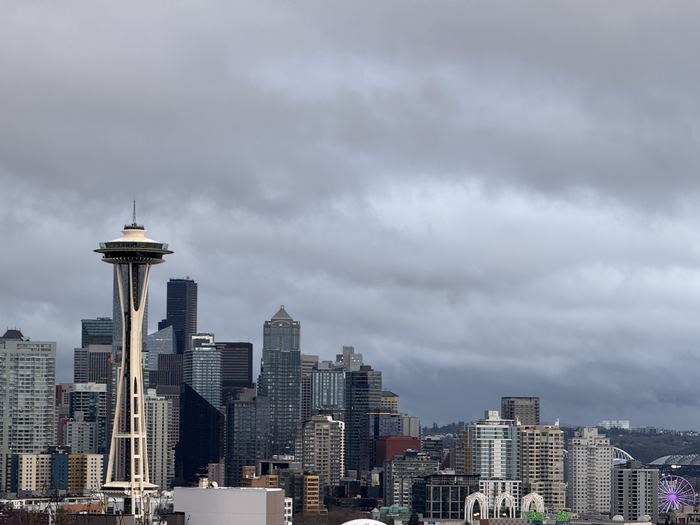 Low clouds drifting over the Seattle skyline from Kerry Park